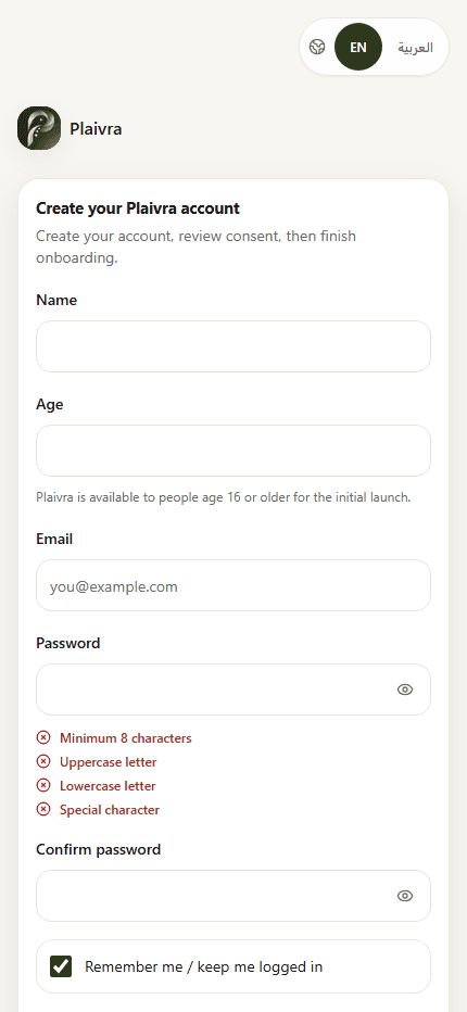 Plaivra account creation and required consent screen